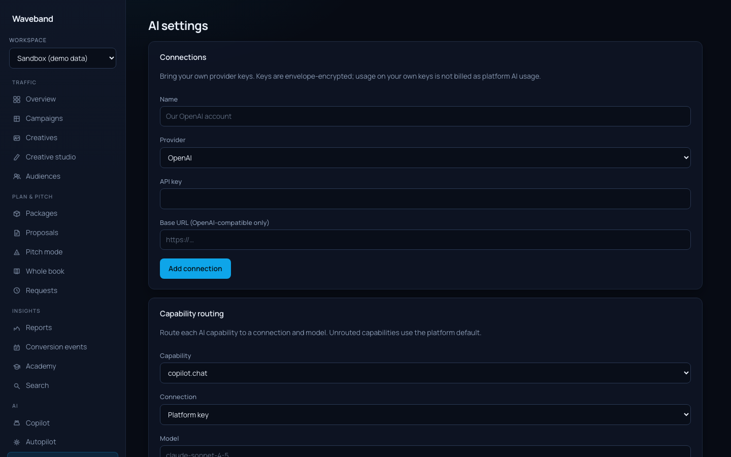 AI settings with connections and capability routing