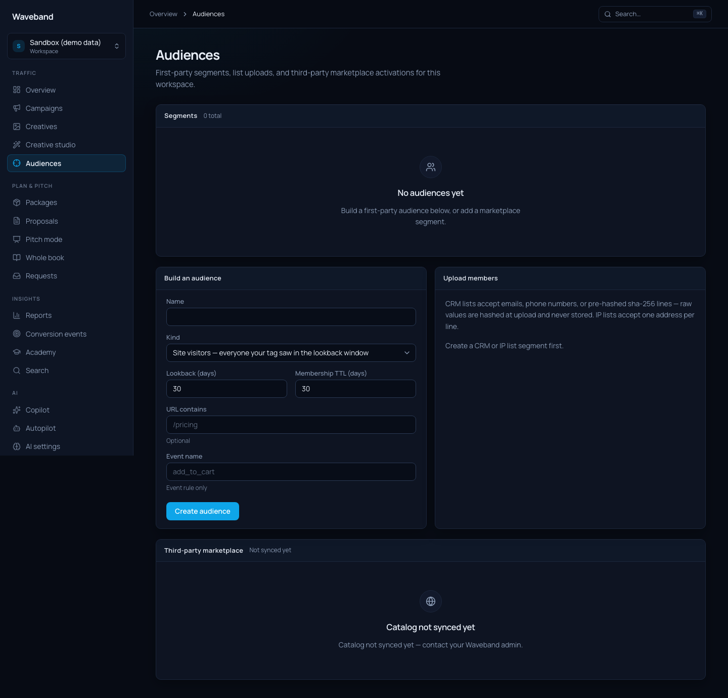 Audiences page with segments and the marketplace browser