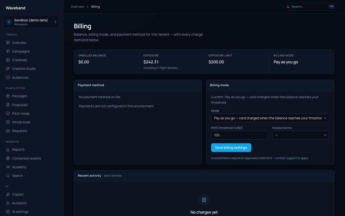 Billing page with balance, ledger, and payment method