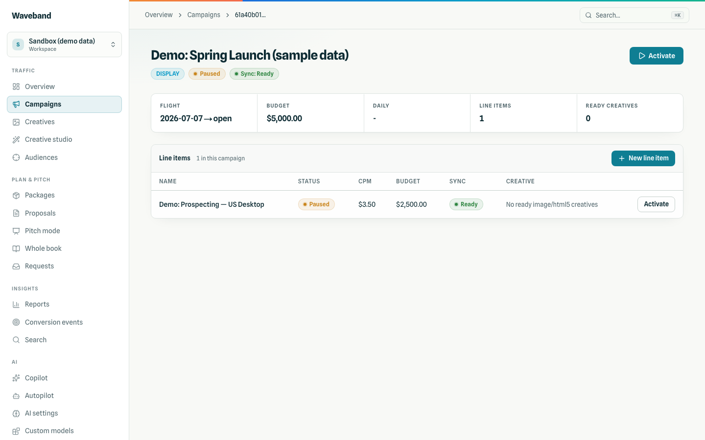 Campaign detail with line items and a new line item action