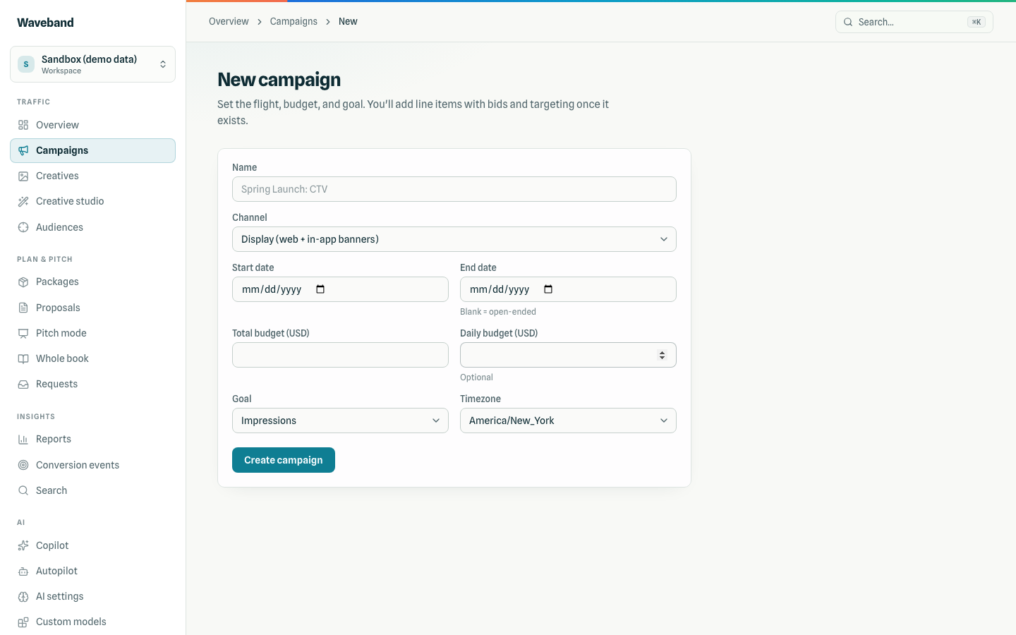 New campaign form with channel and budget fields