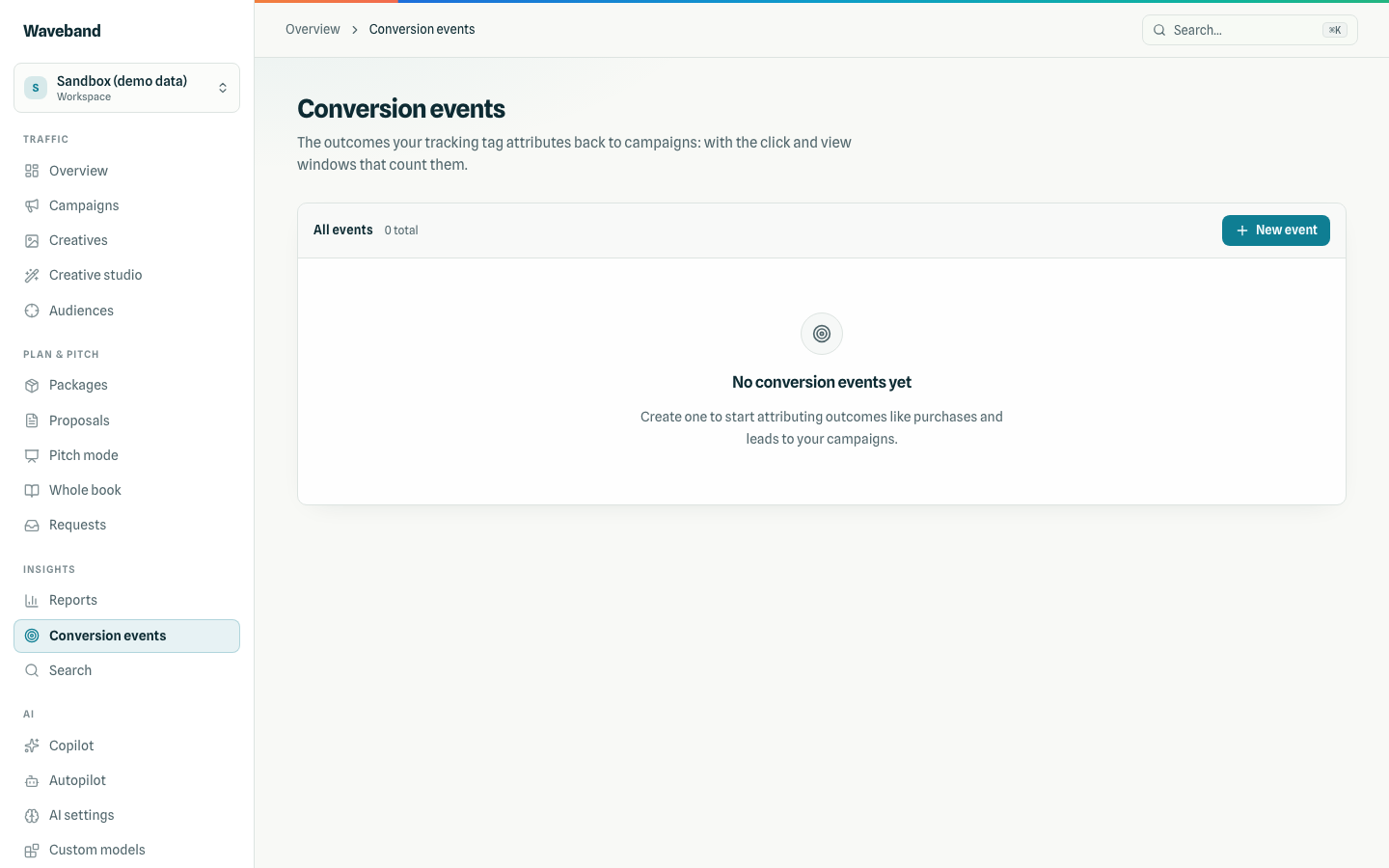 Conversion events configuration in Waveband