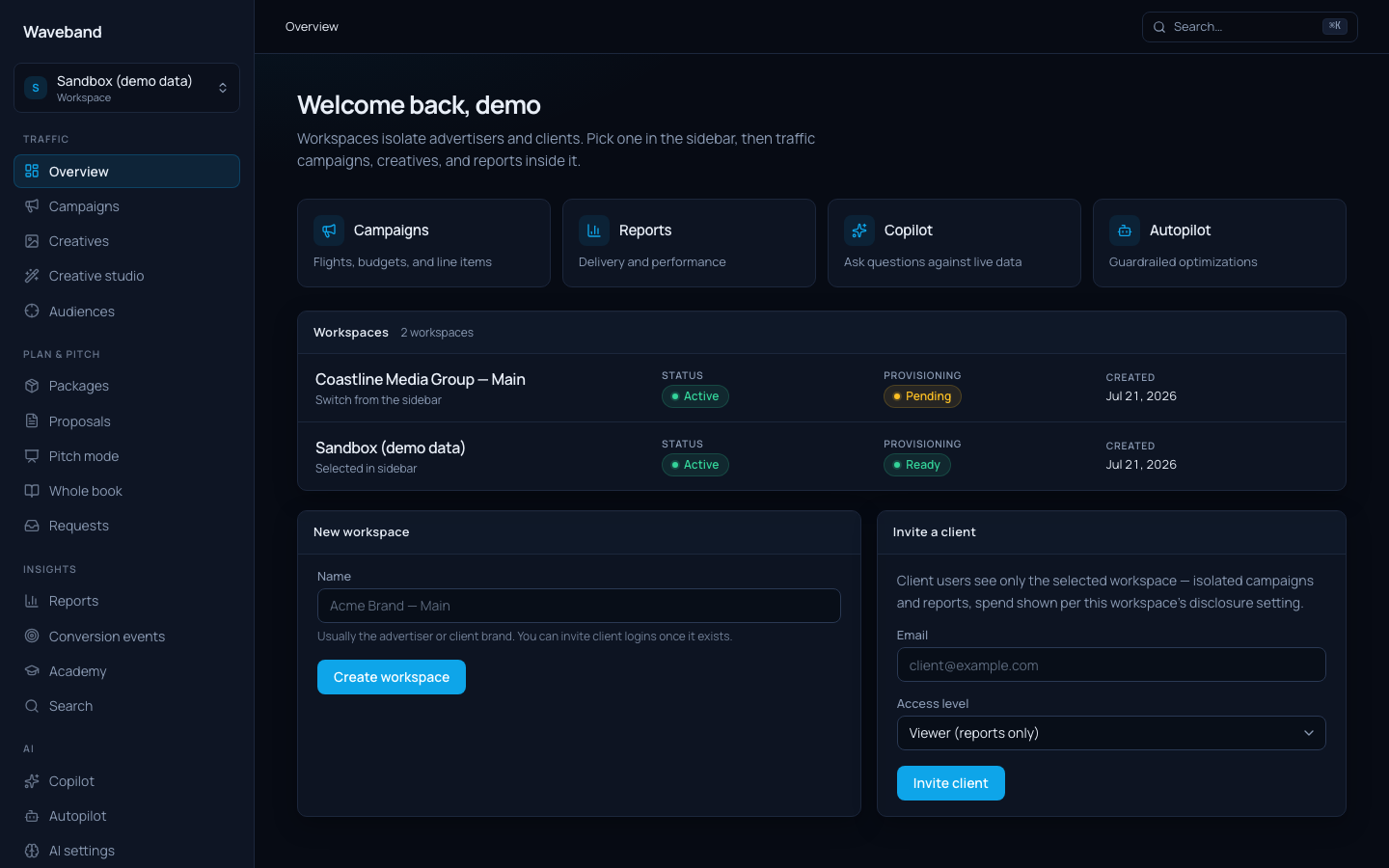 Workspace overview with the client invite form