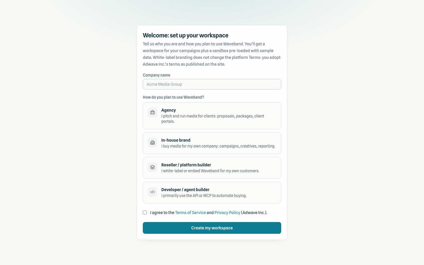 Onboarding screen asking for company name and how you plan to use Waveband