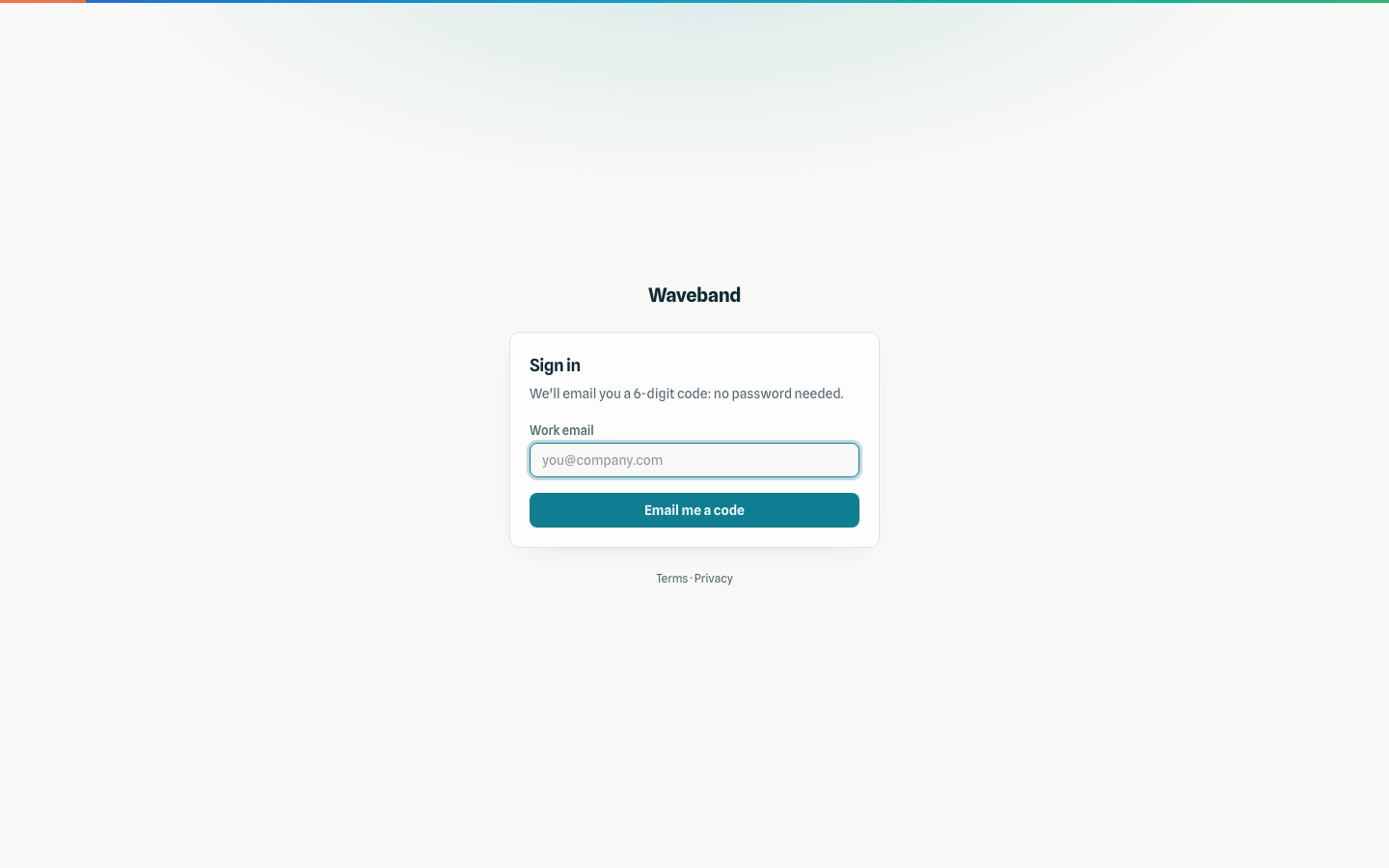 Waveband sign-in screen with work email field